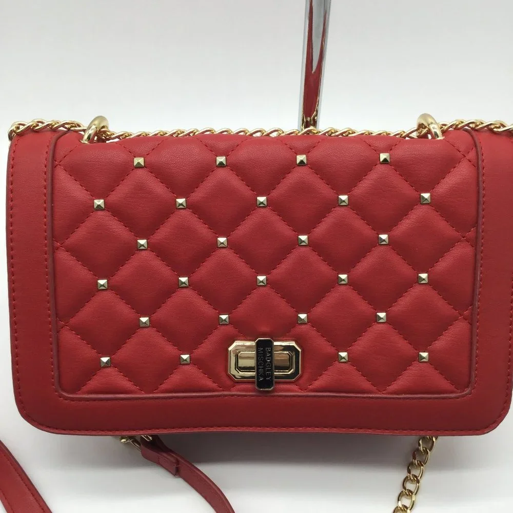 Badgley Mischka Red Quilted Flap Faux Leather Purse